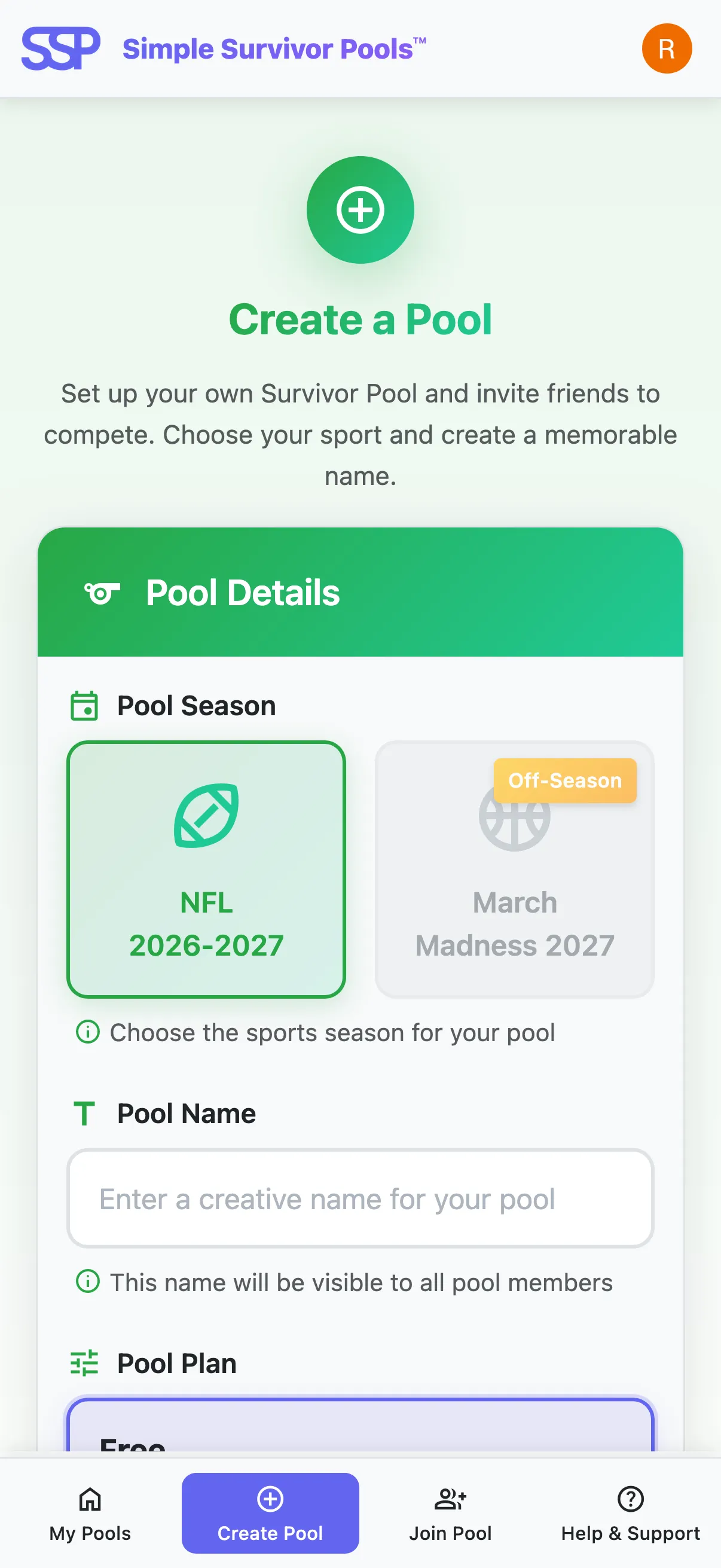 Simple Survivor Pools create league screen