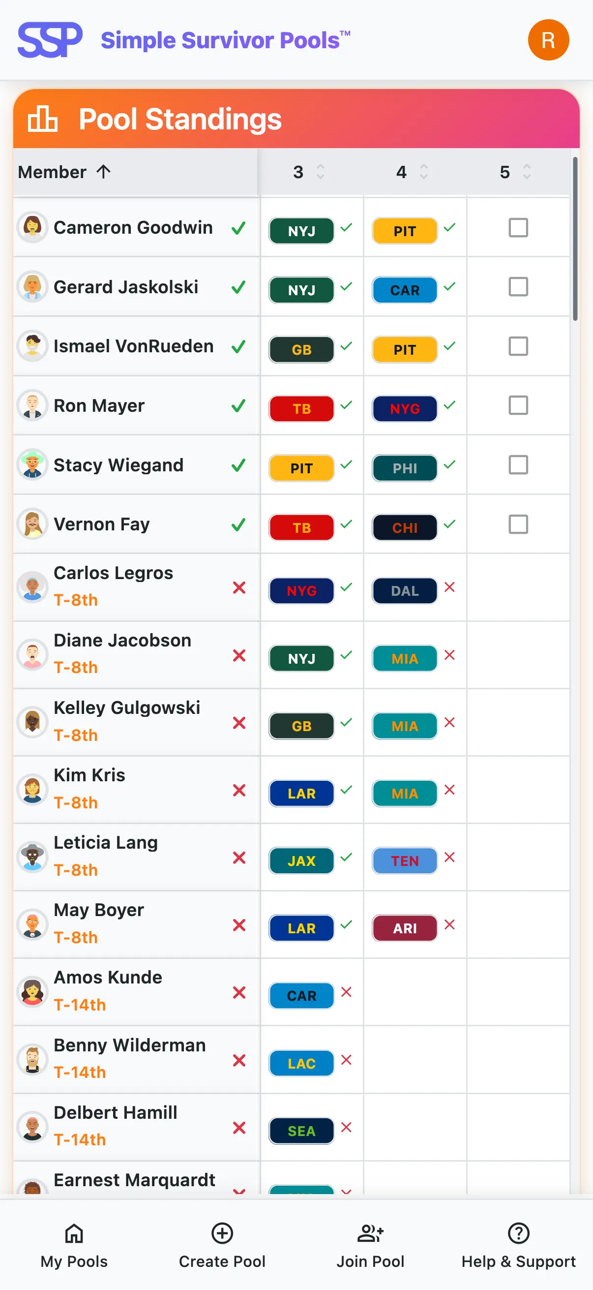 Simple Survivor Pools pool standings screen